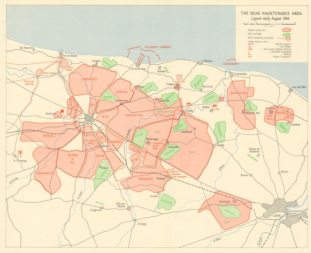 Bayeaux Caen maintenance area. Early August 1944. Operation Overlord 1962 map
