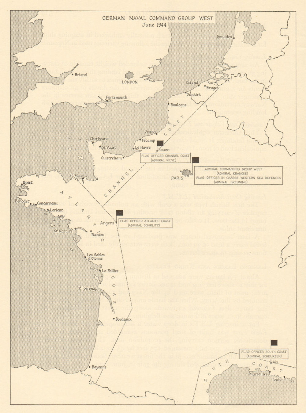 German Naval Command Group West, June 1944. France. Operation Overlord 1962 map