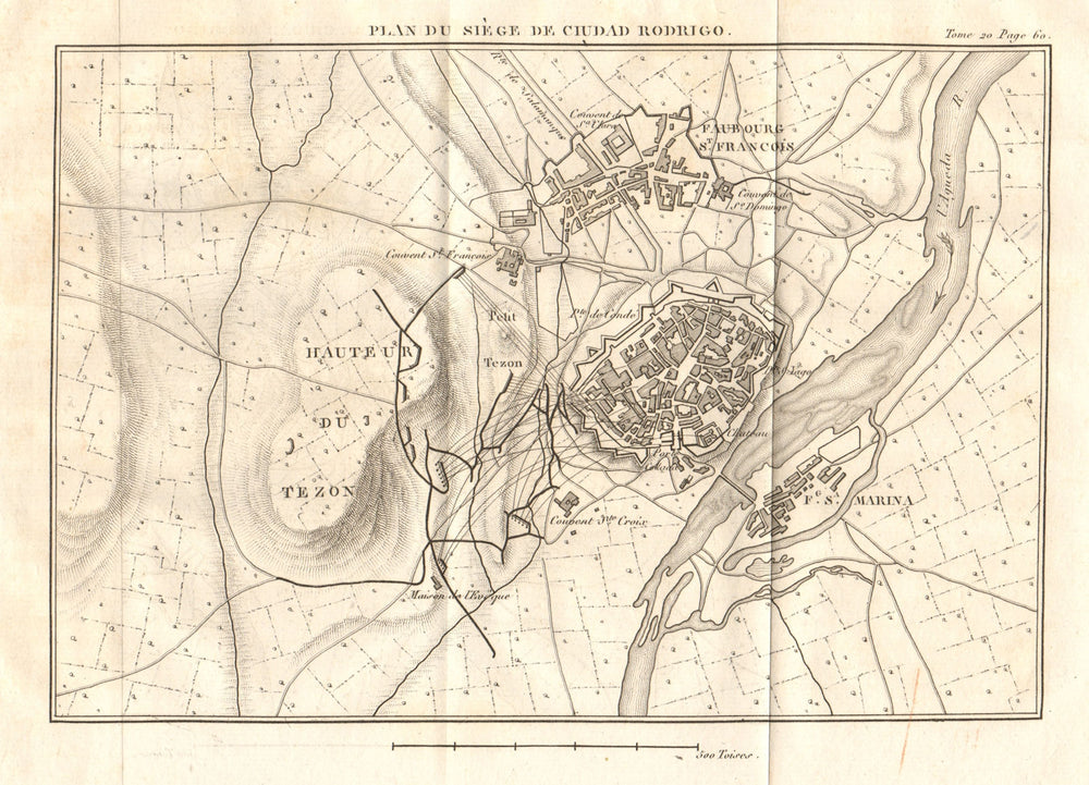 Siege of Ciudad-Rodrigo plan 1812. Salamanca, Spain. Peninsular War 1817 map