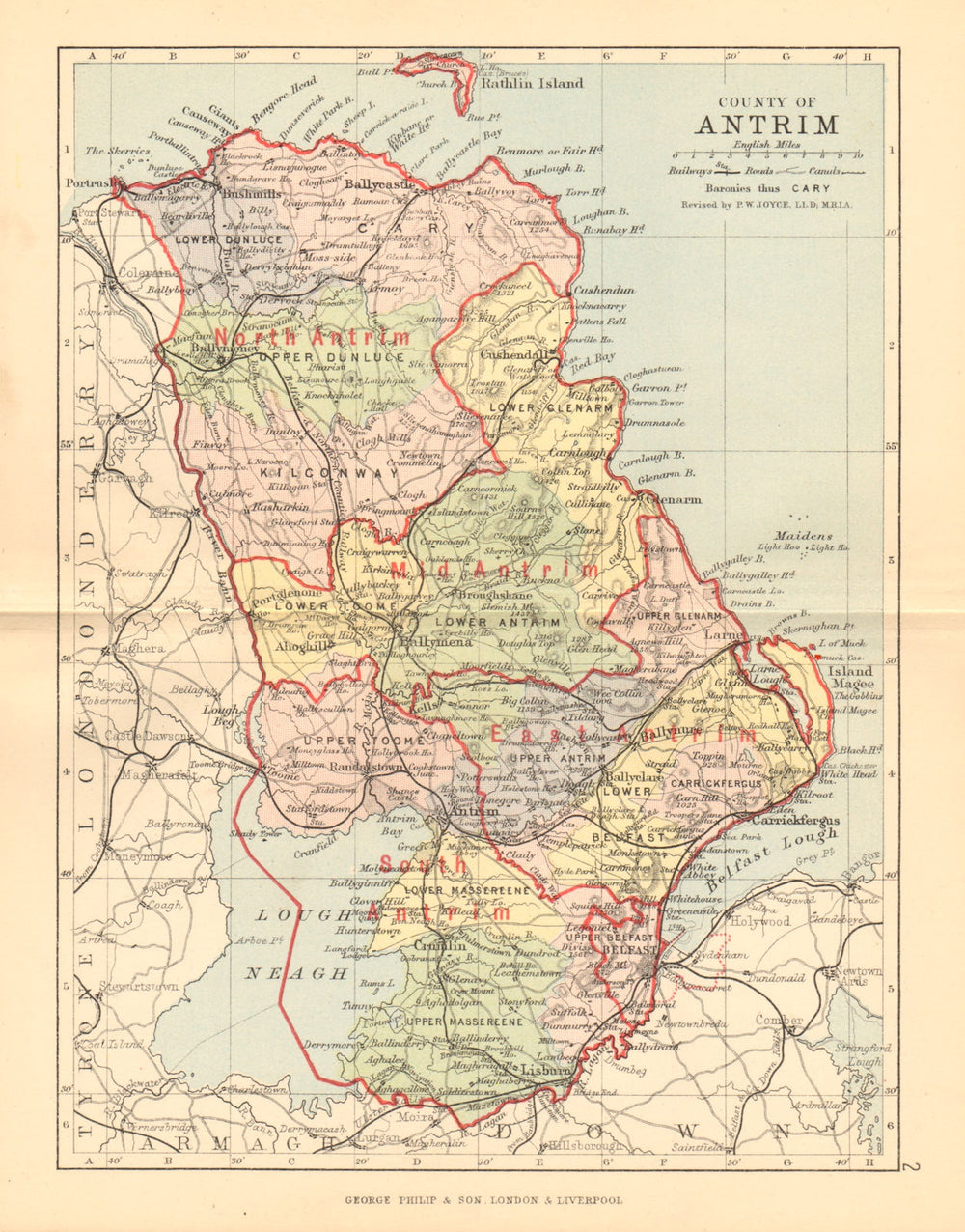 COUNTY ANTRIM. Antique county map. Ulster Belfast Lisburn. BARTHOLOMEW 1886