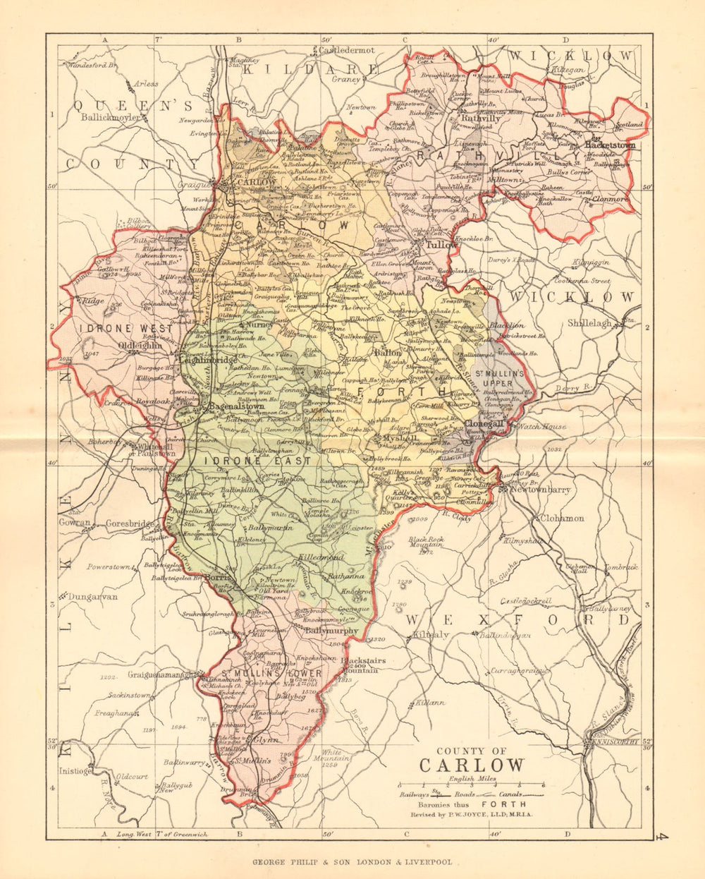 COUNTY CARLOW. Antique county map. Leinster. Ireland. BARTHOLOMEW 1886 old