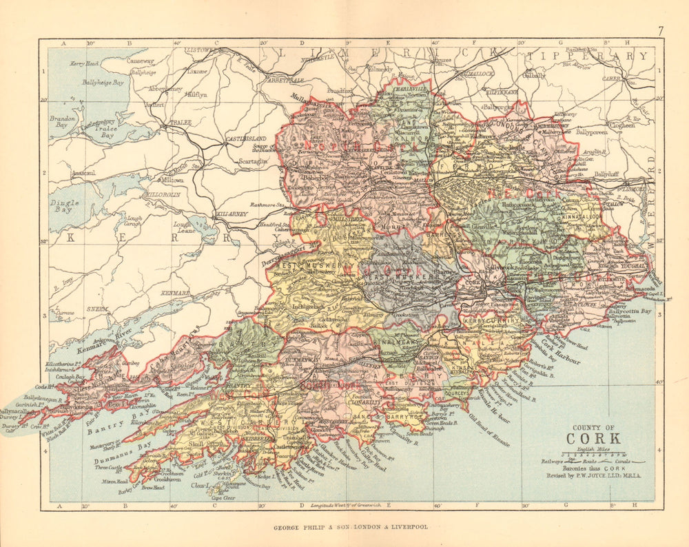 COUNTY CORK. Antique county map. Munster. Ireland. BARTHOLOMEW 1886 old