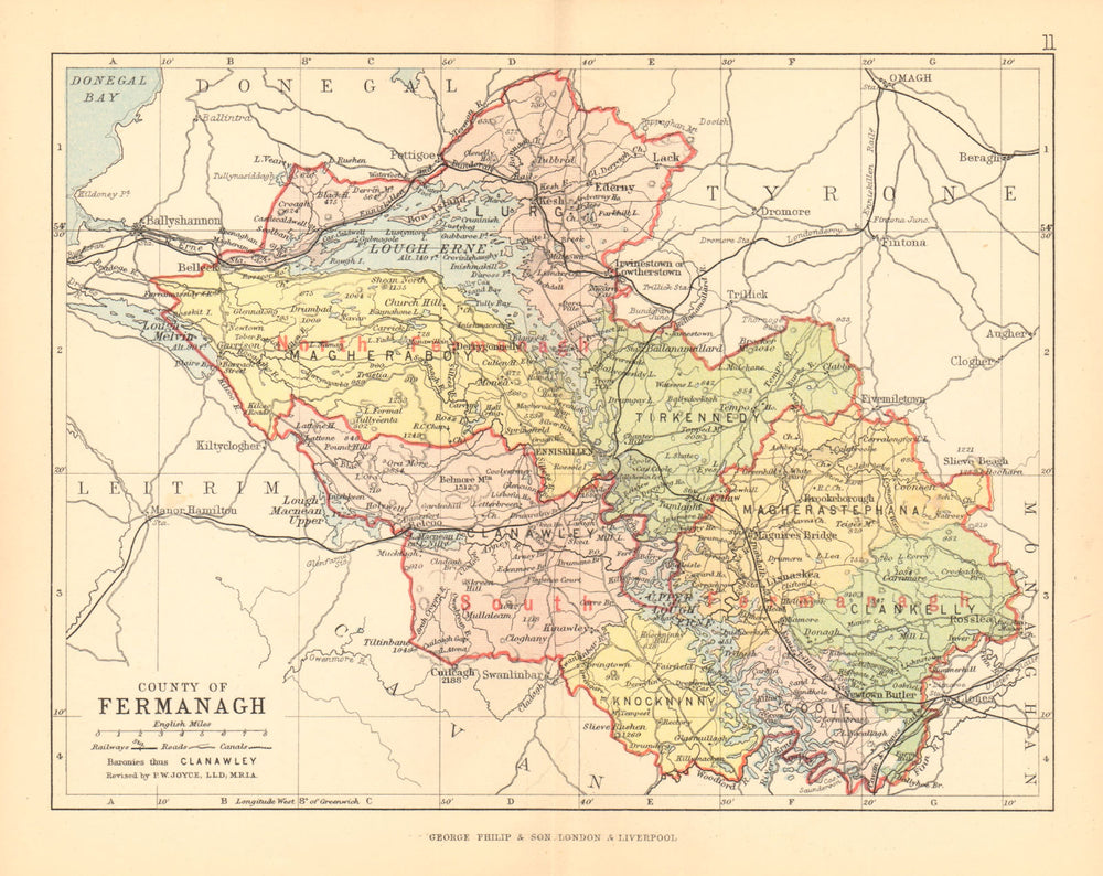 COUNTY FERMANAGH. Antique county map. Ulster. Northern Ireland. BARTHOLOMEW 1886