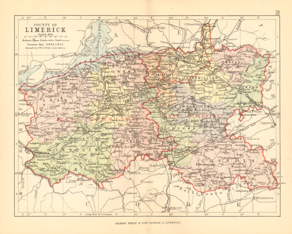 COUNTY LIMERICK. Antique county map. Munster. Ireland. BARTHOLOMEW 1886
