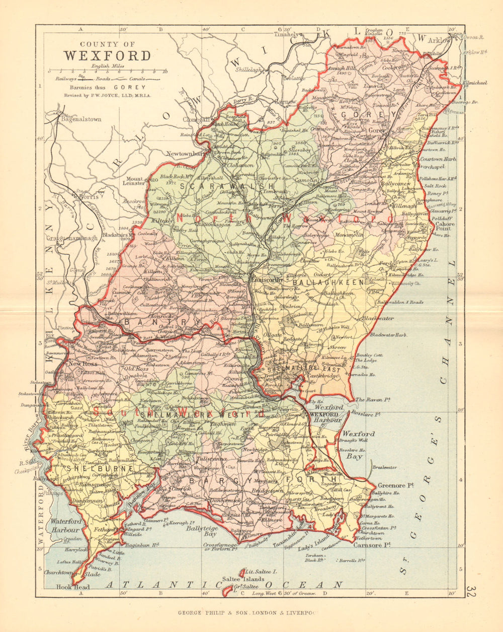COUNTY WEXFORD. Antique county map. Leinster. Ireland. BARTHOLOMEW 1886