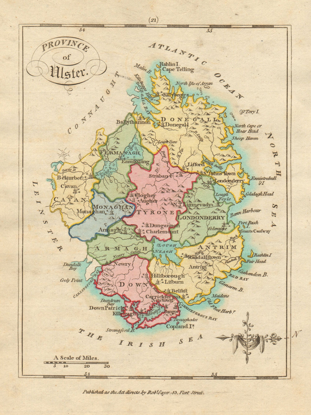 Province of Ulster. Antique copperplate map by Scalé / Sayer 1788 old