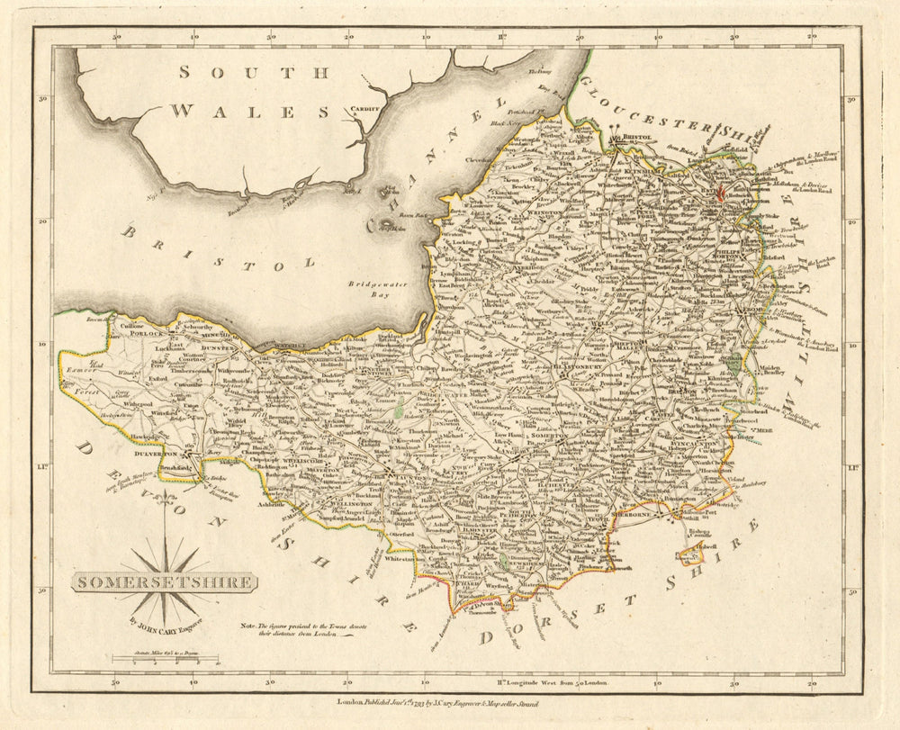 Antique county map of SOMERSETSHIRE by JOHN CARY. Original outline colour 1793