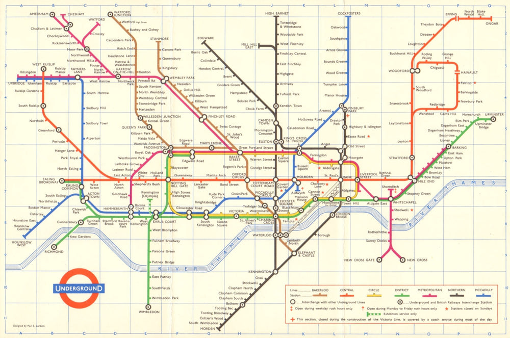 LONDON UNDERGROUND tube map plan. Ongar. Essex Rd. GARBUTT 1965 old