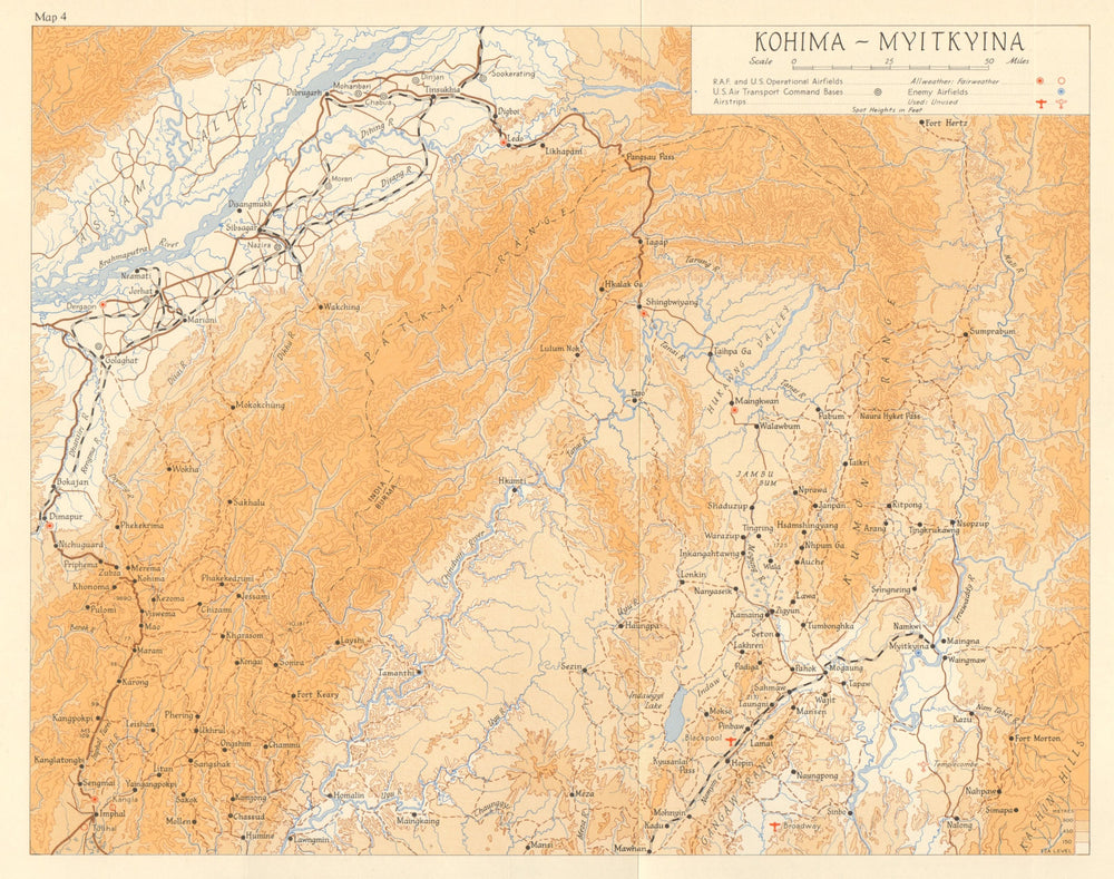Kohima-Myitkyina 1943/44. Burma India. Allied Japanese airfields WW2 1961 map