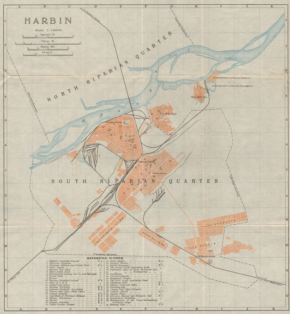 Harbin antique town city plan. Heilongjiang, China 1913 old map chart