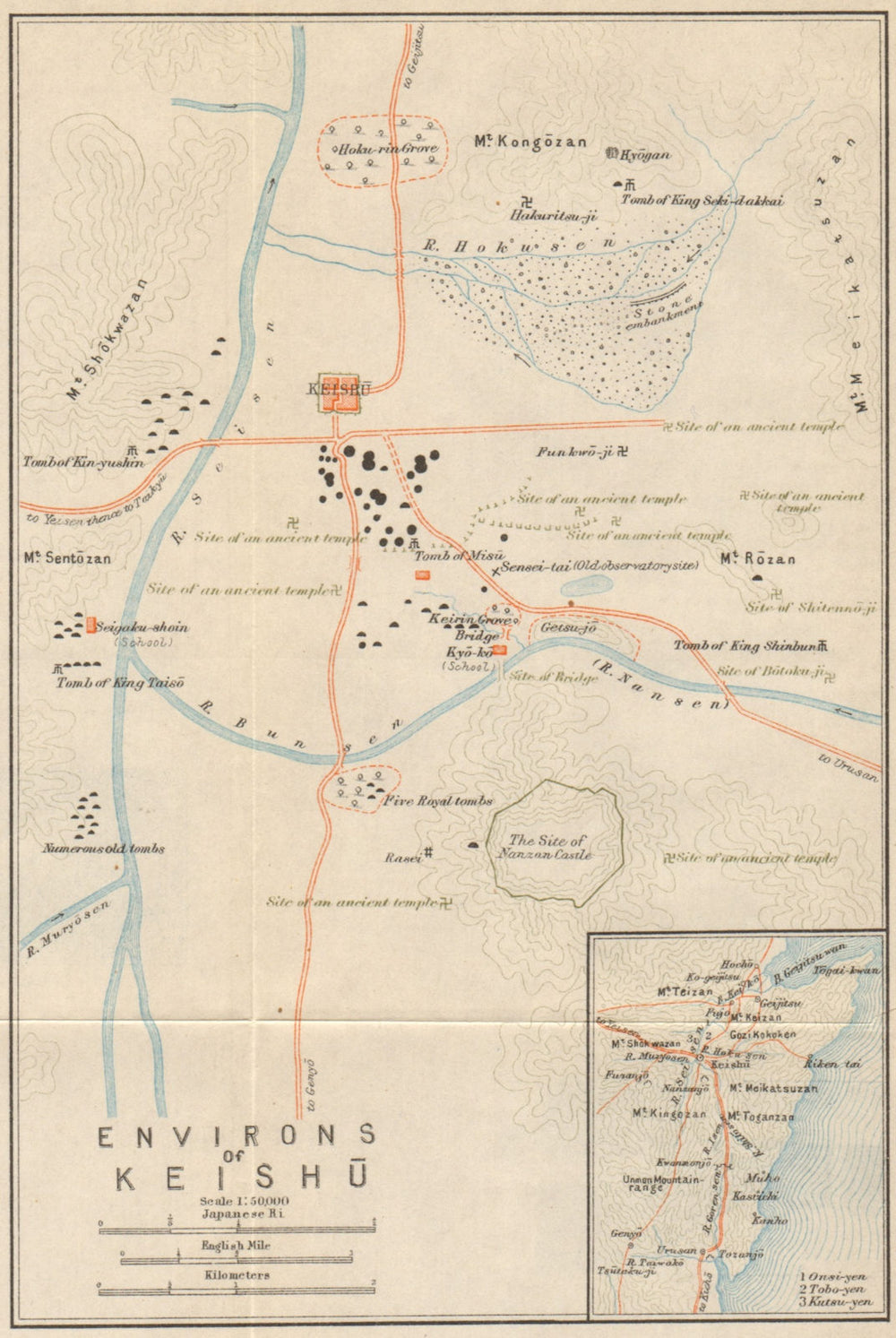 'Environs of Keishu'. Gyeongju temples & historic sites, South Korea 1913 map