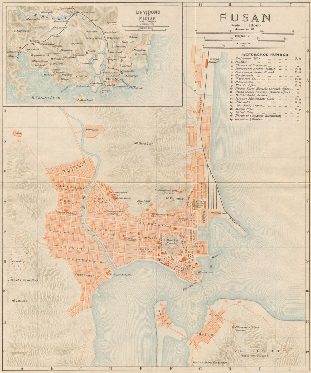 'Fusan' & environs. Busan antique town city plan. South Korea 1913 old map