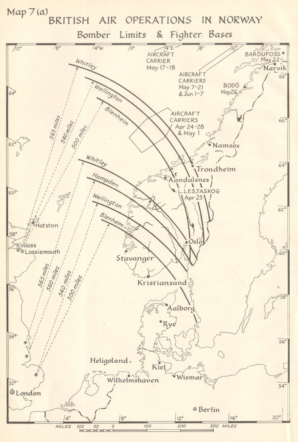 Norway -  British Air Operations 1940. Bomber Limits Fighter Bases. WW2 1952 map