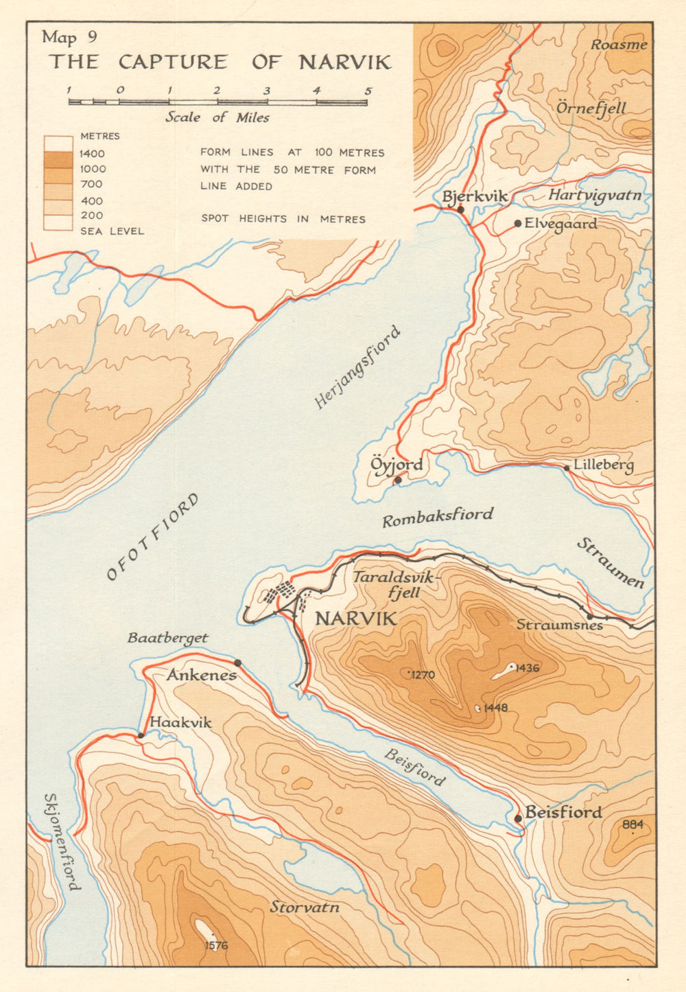 World War 2 Norway Campaign. Capture of Narvik 1940. German Invasion 1952 map