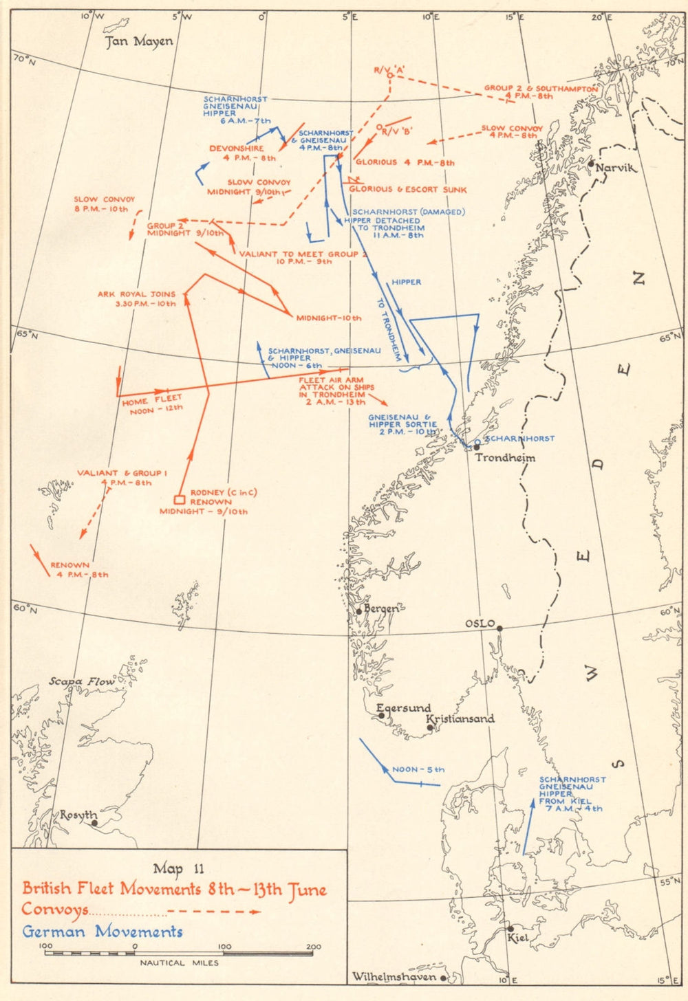 World War 2 Invasion of Norway. Naval Movements 8-13 June 1940 1952 old map