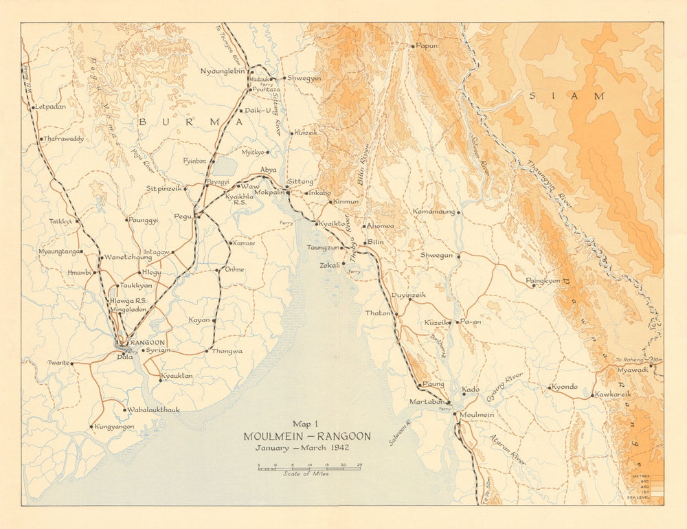 Moulmein-Rangoon, January-March 1942. Burma Campaign. World War 2 1961 old map