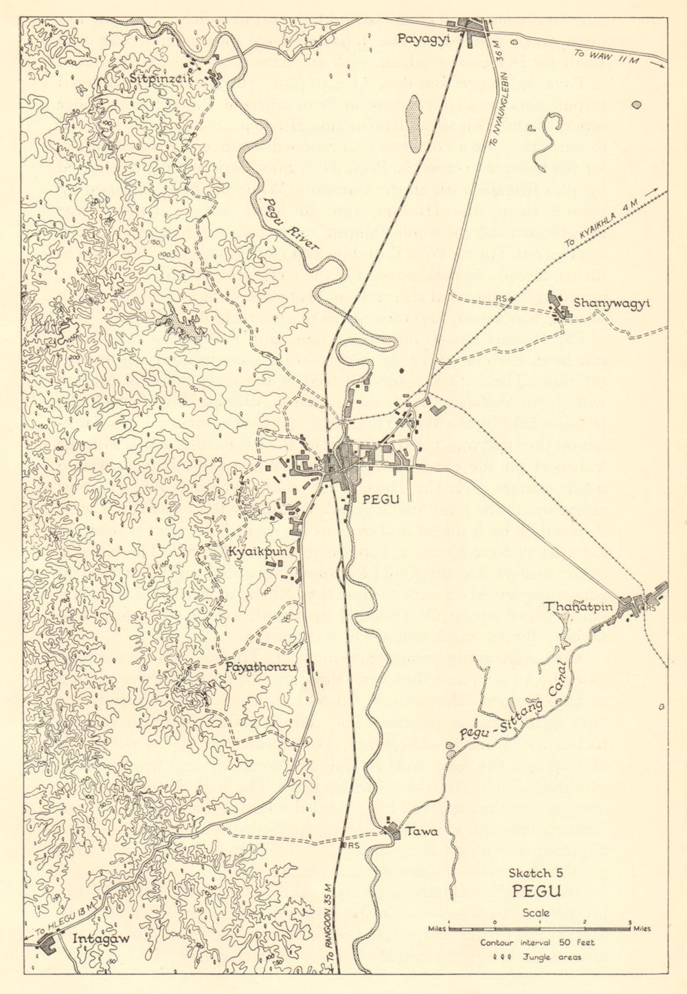 Pegu 1942. Japanese conquest of Burma. Bago Myanmar. World War 2 1961 old map