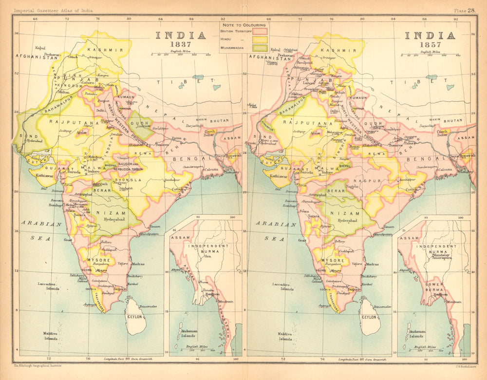 INDIA HISTORICAL. 1837 & 1857. British, Hindu & Muslim states 1909 old map