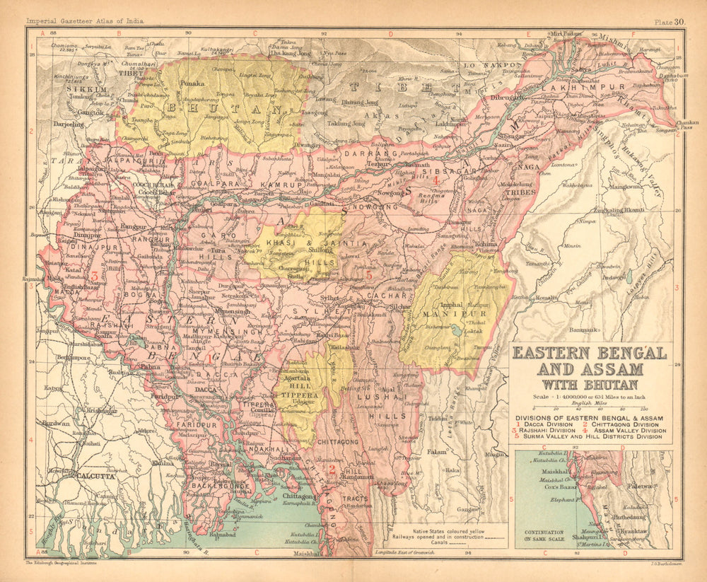 Eastern Bengal & Assam with Bhutan' British India/Bangladesh provinces 1909 map