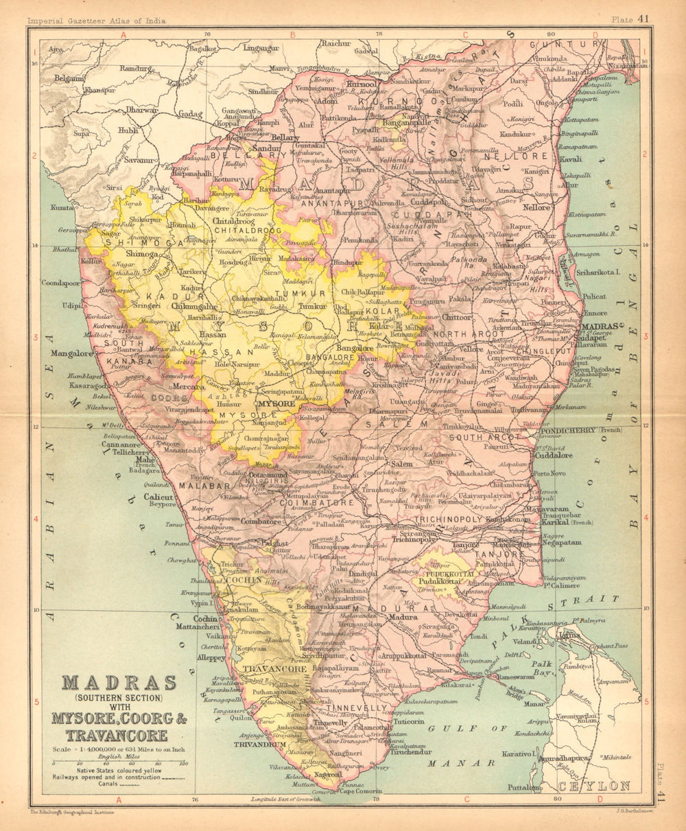 'Madras…  Mysore, Coorg & Travancore'. British India provinces South 1909 map