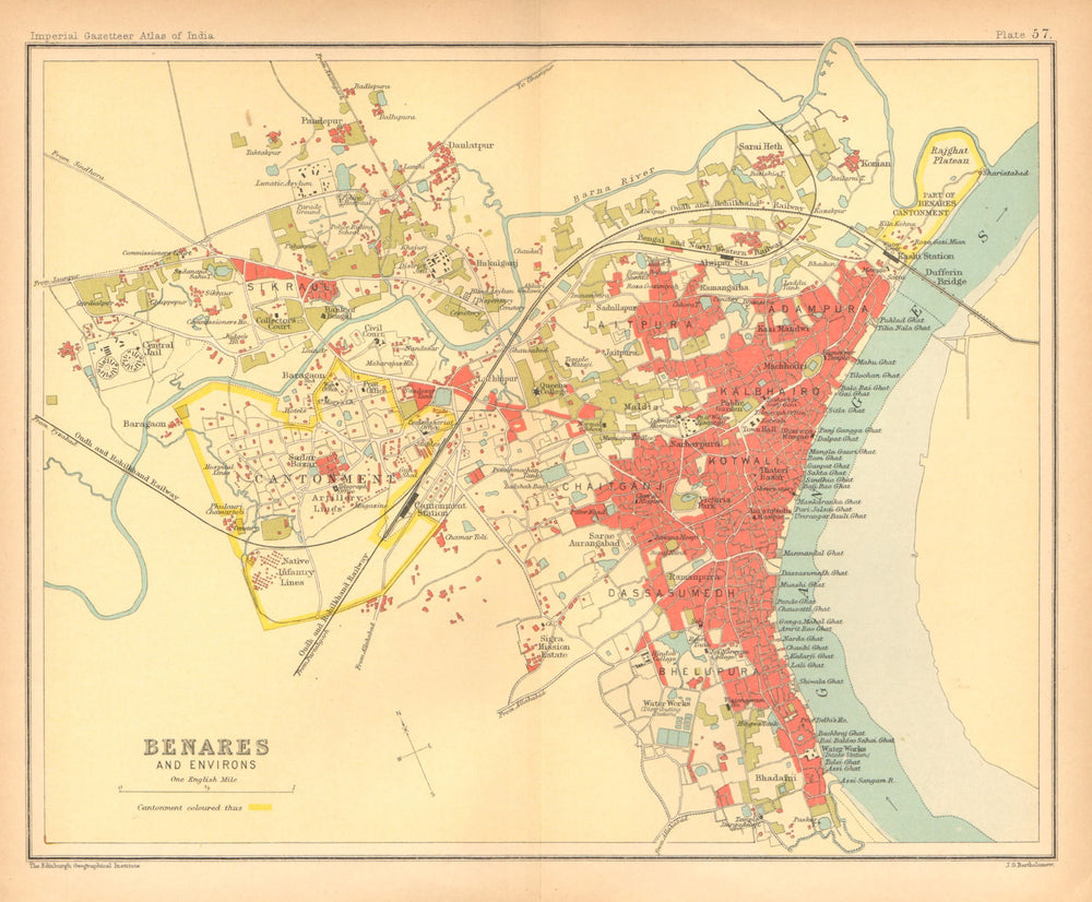 Benares/Varanasi town city plan. Ganges Ghats cantonment. British India 1909 map