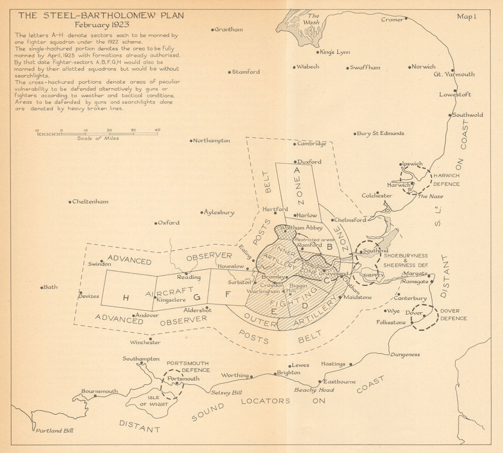 Steel-Bartholomew Plan of UK Air Defence, 1923. Battle of Britain. WW2 1957 map