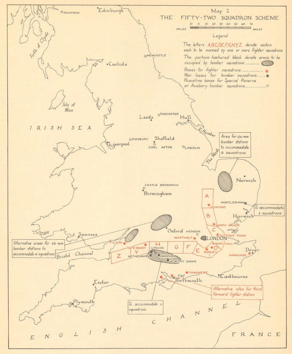 Fifty-Two Squadron UK Air Defence scheme 1924. Battle of Britain WW2 1957 map