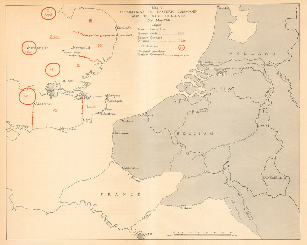 Disposition of UK Eastern Command & GHQ Reserves 31st May 1940. WW2 1957 map