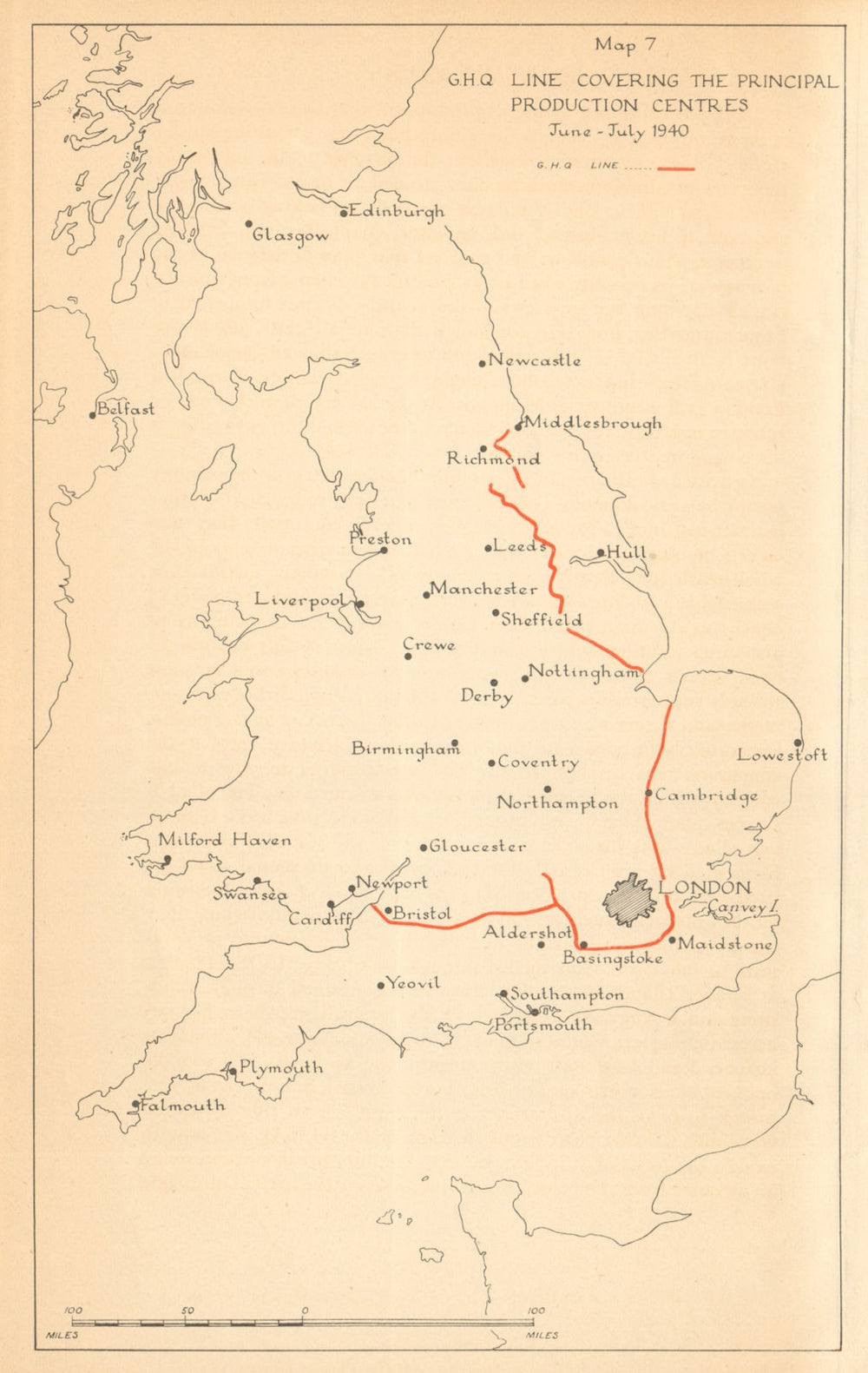 GHQ UK defence line. Principal Production Centres July 1940. WW2 1957 old map