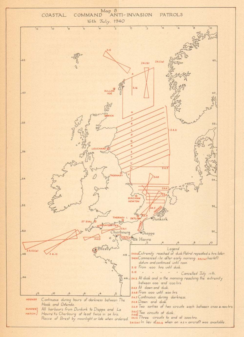 UK Coastal Command Anti-Invasion Patrols 16 July 1940. Sealion WW2 1957 map