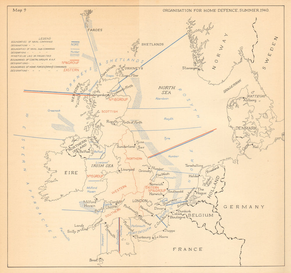 UK Home Defence organisation Summer 1940. Battle of Britain. Sealion 1957 map