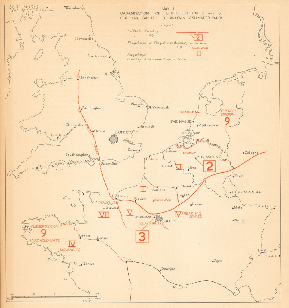 Luftwaffe Command organisation. Battle of Britain, Summer 1940. WW2 1957 map