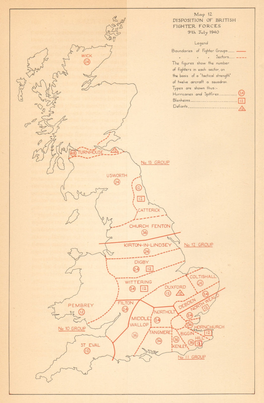 Disposition of British Fighter Forces 9 July 1940 Battle of Britain WW2 1957 map