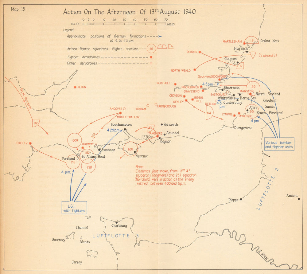 Adlertag Eagle Day pm 13th August 1940. Battle of Britain. World War 2 1957 map