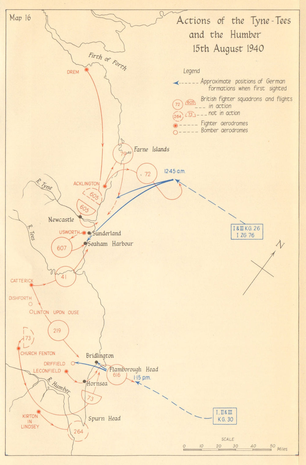 Battle of Britain. Tyne-Tees & Humber raid. 15 August 1940. Luftwaffe 1957 map