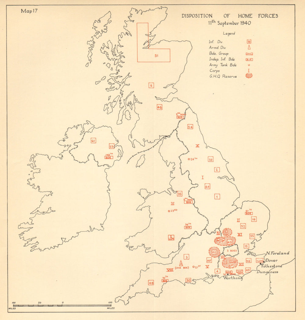 UK Home Forces disposition 11 September 1940. Defence. Sealion WW2 1957 map