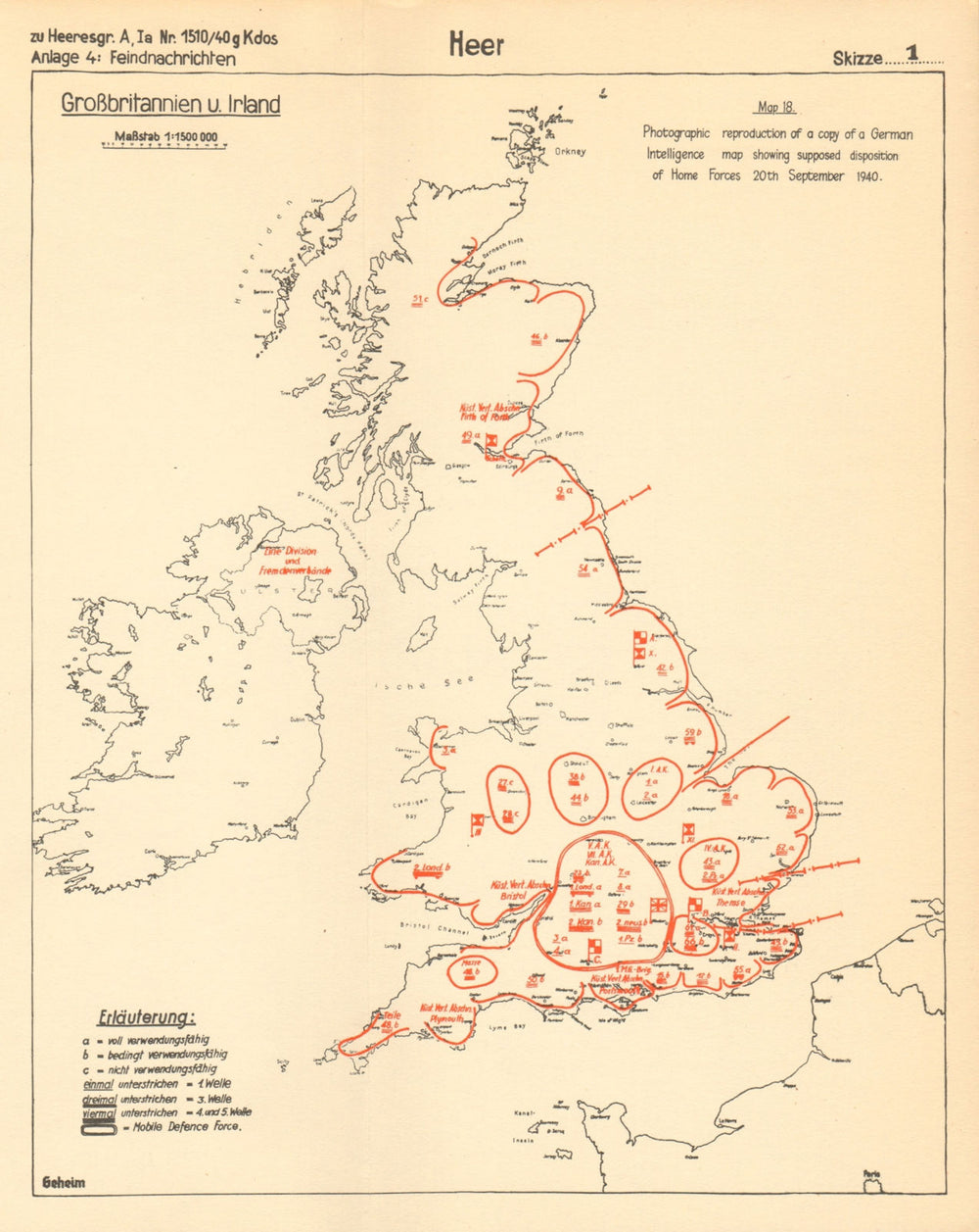 German Intelligence Map. UK Home Forces 20 September 1940. WW2 1957 old