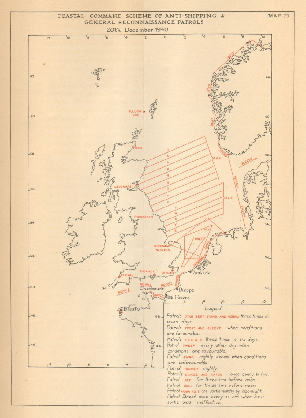 UK Coastal Command Reconnaissance Patrols 20 December 1940. WW2 1957 old map
