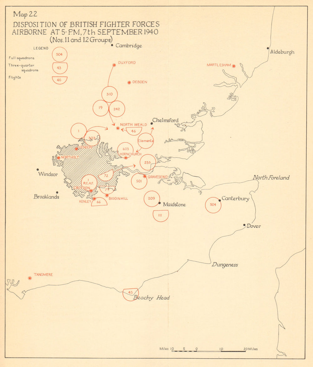 RAF Fighter Forces airborne 7 Sept 1940 Battle of Britain London Blitz 1957 map