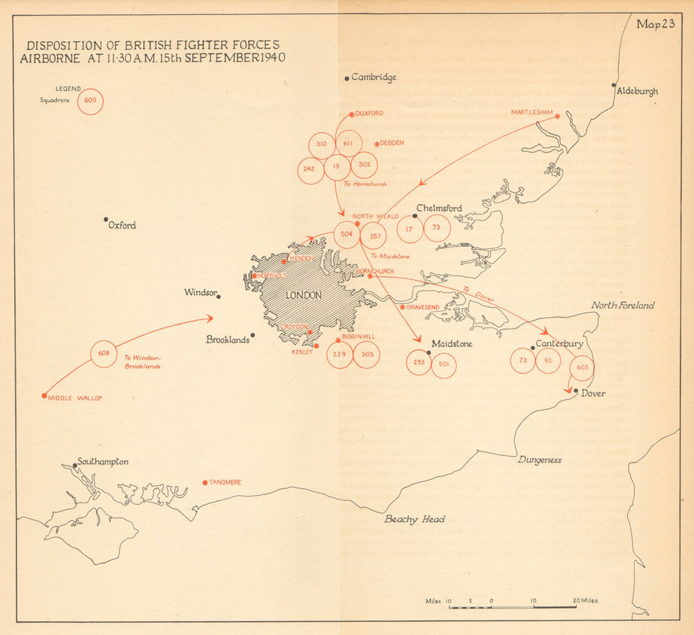 RAF Fighter Forces airborne 11.30am 15 Sept 1940. Battle of Britain Day 1957 map