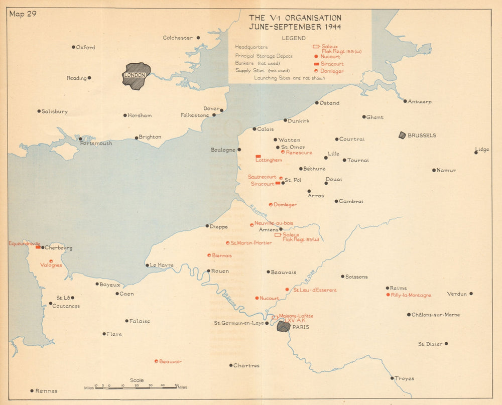 V-1 rocket organisation June-September 1944. Storage depots Bunkers WW2 1957 map