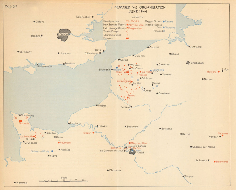 V-2 rocket organisation June 1944. Launch sites. Storage depots. WW2 1957 map