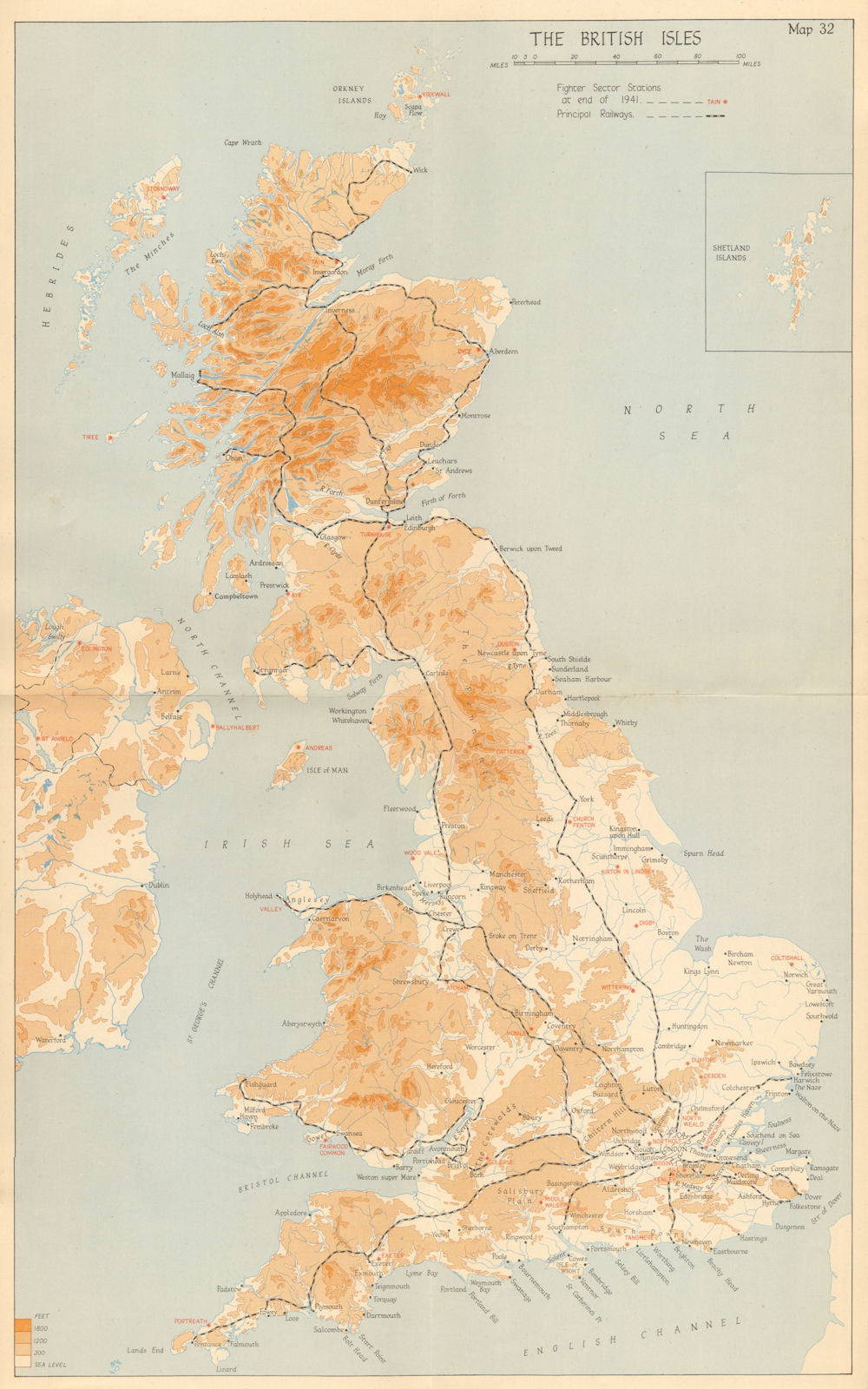United Kingdom showing RAF Fighter Sector Stations, 1941. World War 2 1957 map