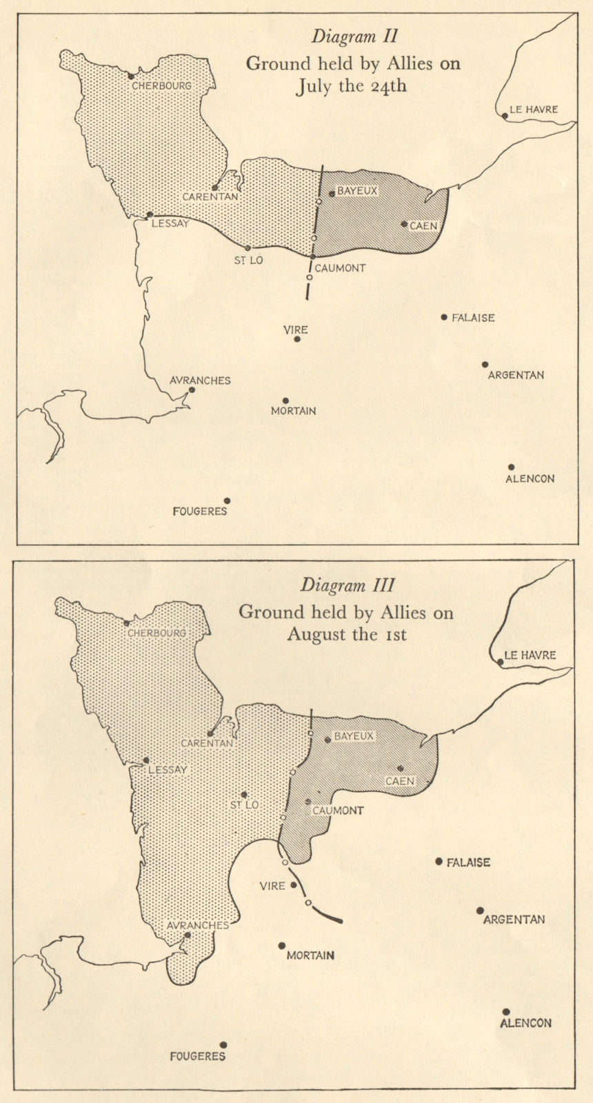 Battle of Normandy 1944. Ground held by the Allies July 24 & Aug 1. WW2 1962 map