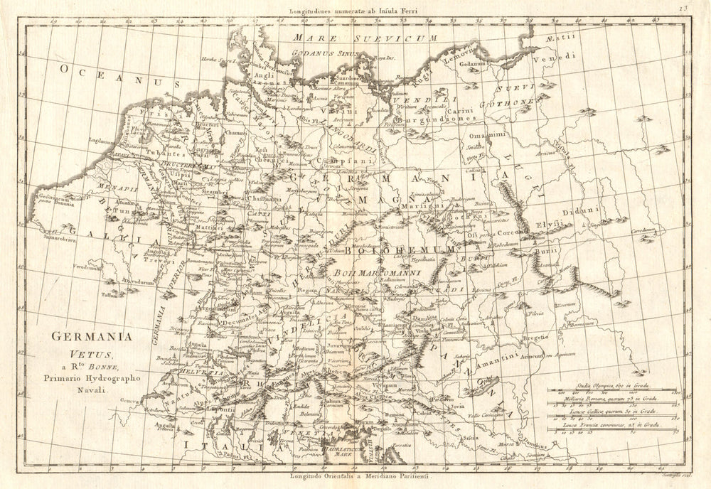 Germania Vetus. Ancient Germany. Netherlands Switzerland. BONNE 1789 old map