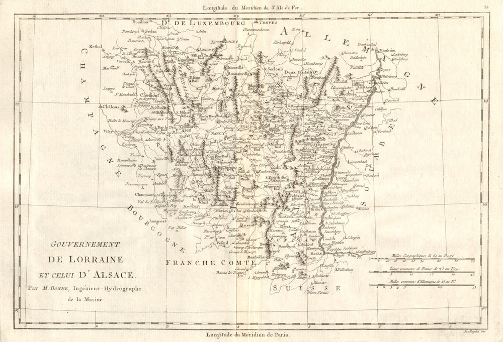 Gouvernement de Lorraine et celui d'Alsace. North-east France. BONNE 1789 map