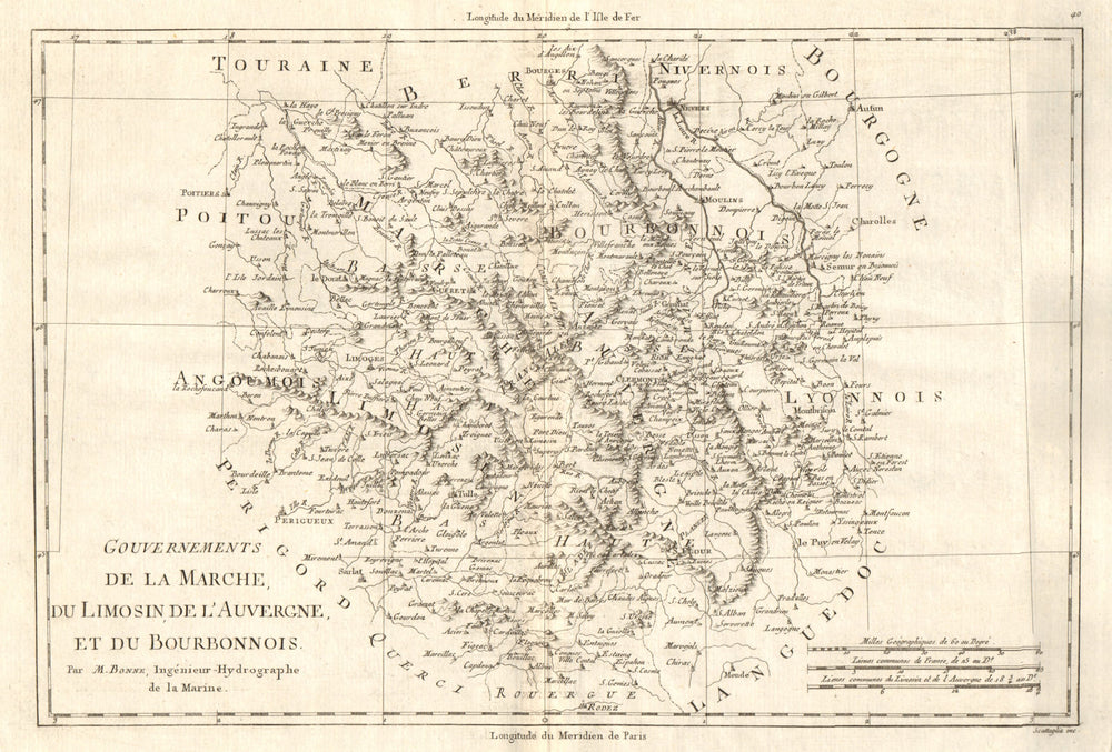 La Marche, Limosin, Auvergne & Bourbonnois. Limousin Bourbonnais. BONNE 1789 map