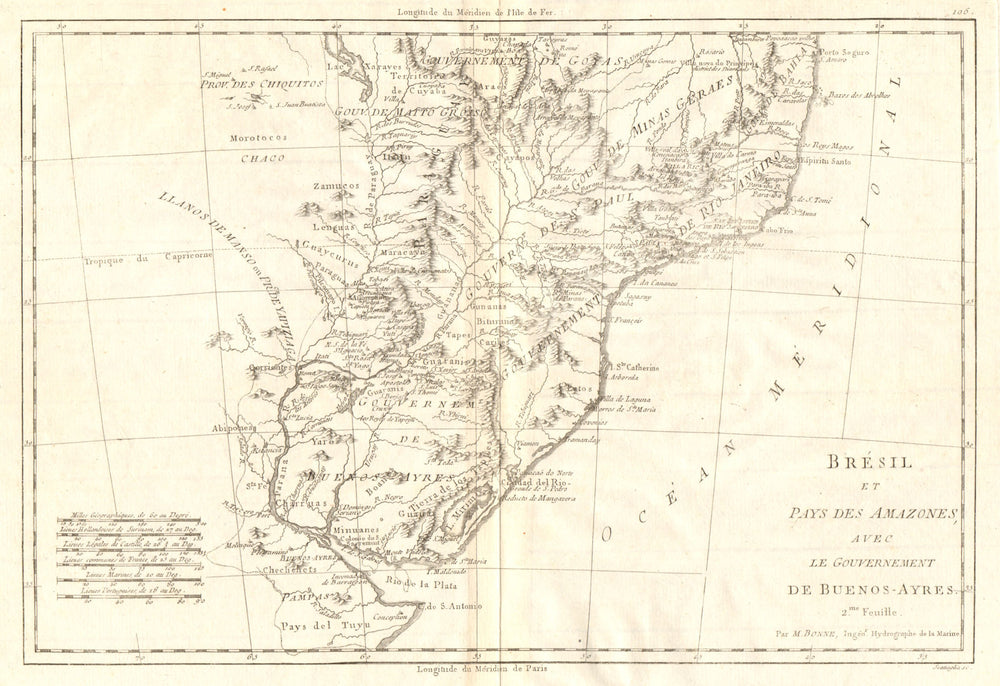 Bresil… avec le Gouvernement de Buenos-Ayres. S Brazil Uruguay. BONNE 1790 map