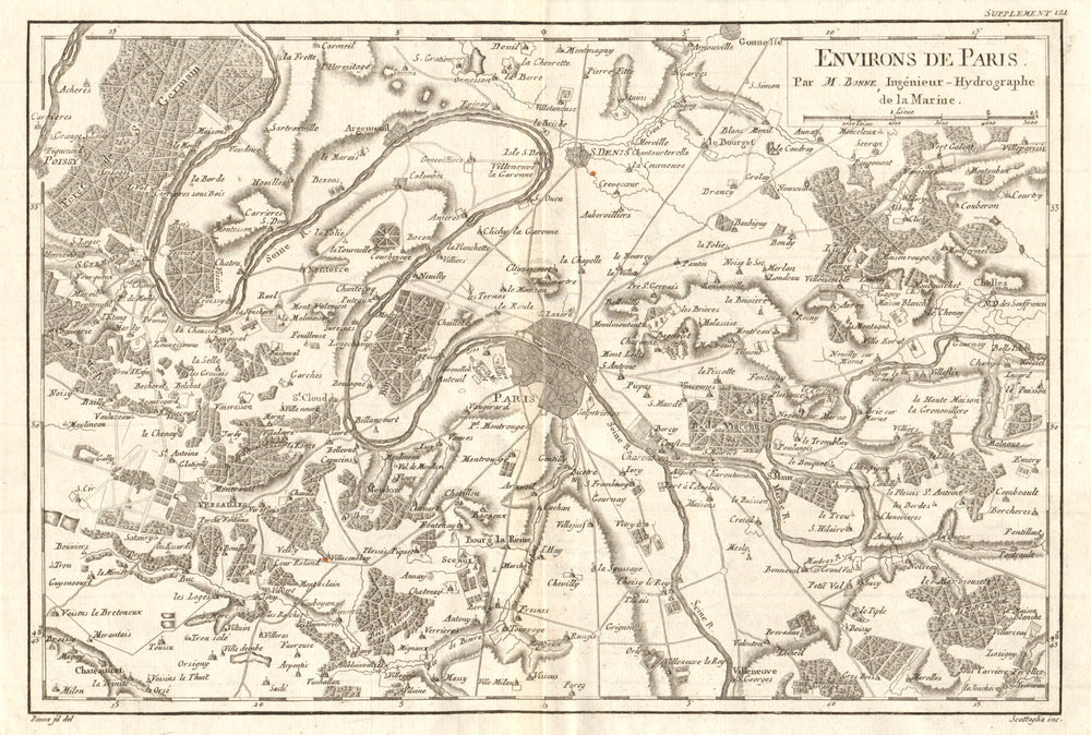 Environs de Paris. Paris and environs. BONNE 1790 old antique map plan chart