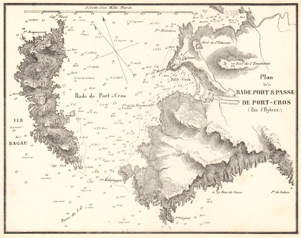 La Rade, Port & Passe de Port-Cros, Îles d'Hyères. Var. GAUTTIER 1851 old map